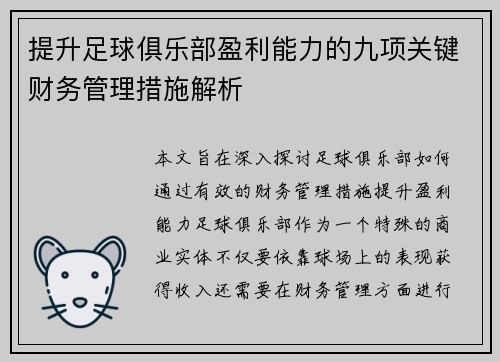 提升足球俱乐部盈利能力的九项关键财务管理措施解析